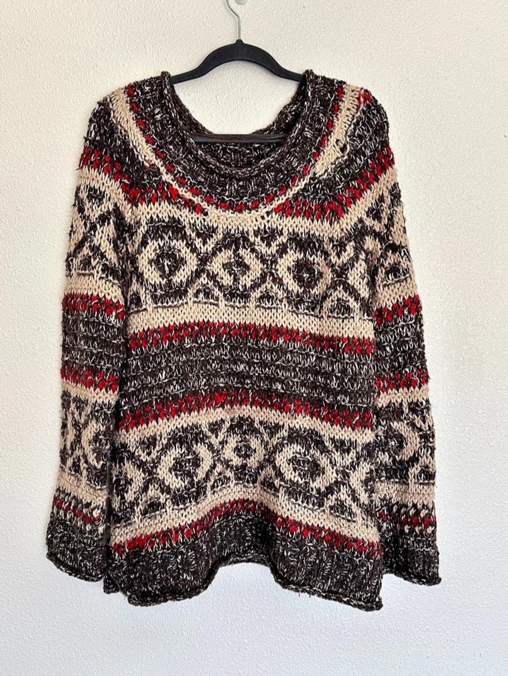 Free People Fair Isle Open Knit Sweater in Brown & Red Wool Blend Size XS